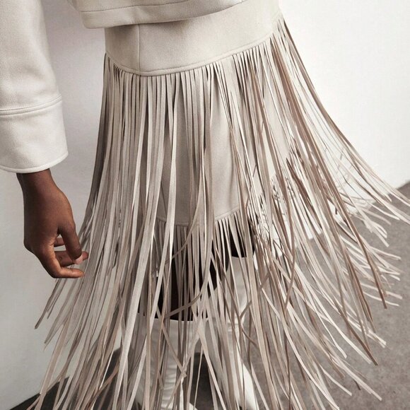 Khaki Boho Women's Chic Linen Tassel Skirt - Picture 3 of 7